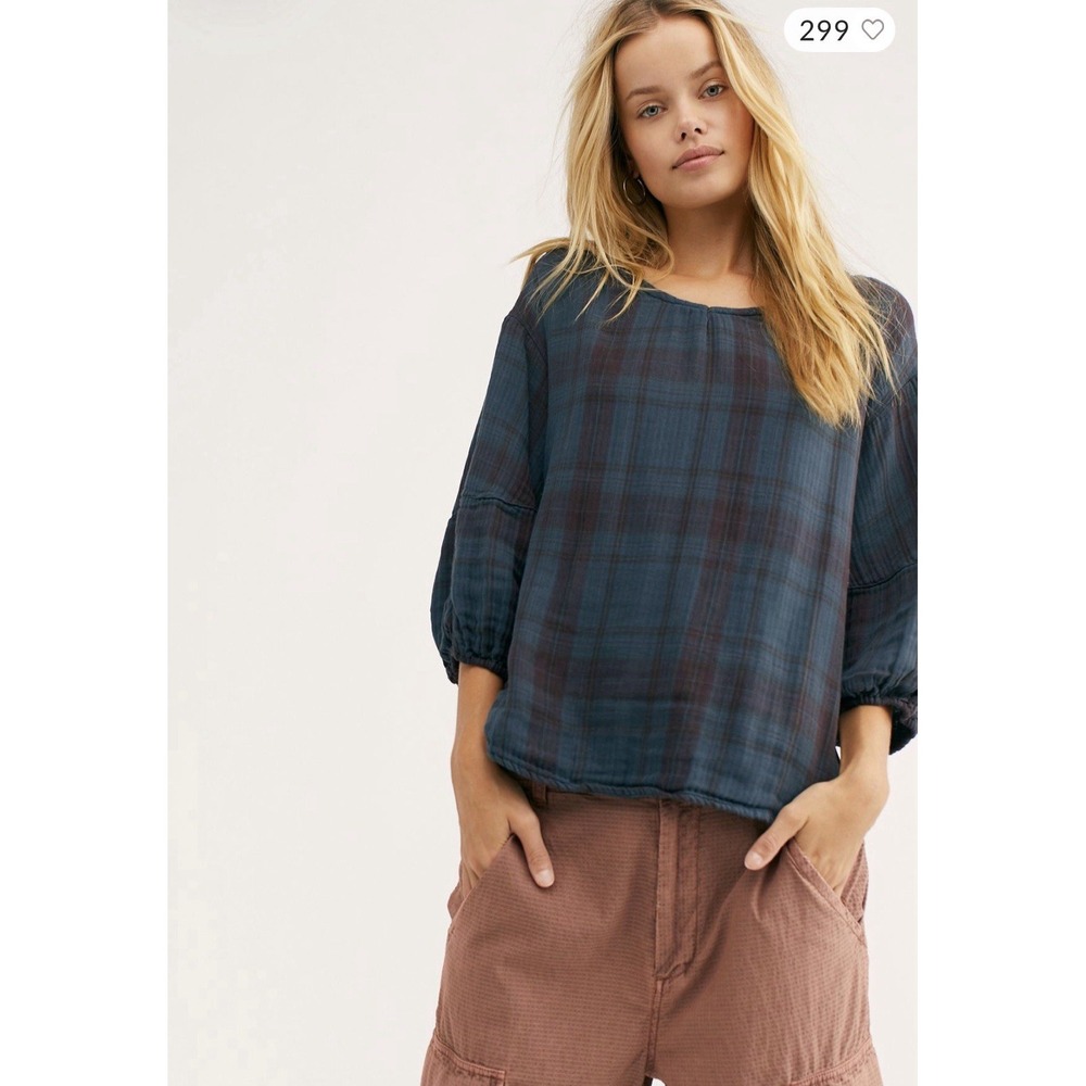 Free People X CP Shades Billie Plaid Pullover Women's Size S Oversized Blue Boho